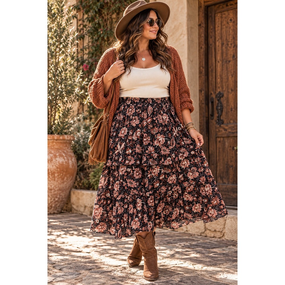 Madewell Maxi Skirt Womens 4X Black Blush Floral Smocked Tiered Boho Lined